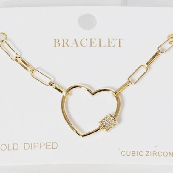 Heart and Rod with Simulated Diamond CZ Paperclip Link Chain Design Bracelet - Picture 2 of 2